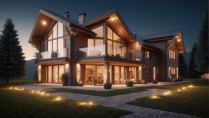 Architecture modern cozy house in chalet style on summer night, 3D building design illustration