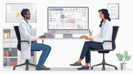 Two animated healthcare professionals are seated opposite each other at a desk, with a computer displaying medical data, in a modern office environment.