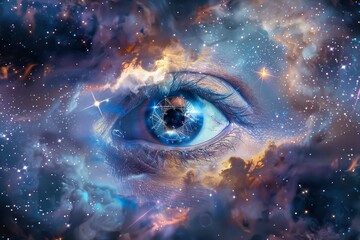 A close-up of an eye reflecting the cosmos, surrounded by a starry nebula, blending celestial and surreal imagery.