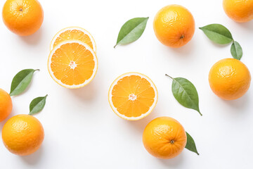 Fresh Oranges and Leaves on White Background