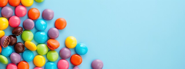 Colorful round candies scattered on a light blue background. Sweet food concept creates a lively and enjoyable atmosphere