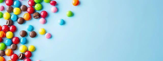Obraz premium Colorful round candies scattered on a light blue background. Sweet food concept creates a lively and enjoyable atmosphere