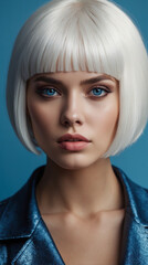 model with white bob hair and grangia, with beautiful blue eyes in a realistic style