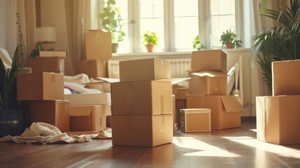 Move concept. A room filled with many cardboard boxes.