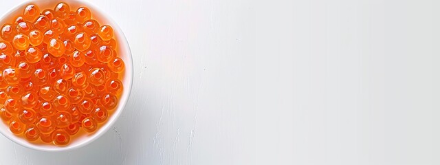 Bowl of red salmon eggs lies on a white table. Red caviar on a bowl, health food concept.