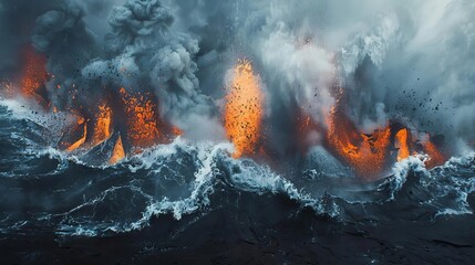 Highlight the geometric balance between explosive eruptions and calm periods of volcanic activity