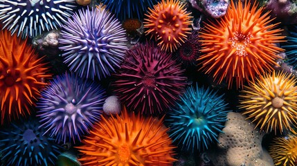 Highlight the vibrant colors and unique markings of different species of sea urchins