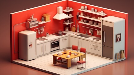 3D isometric kitchen interior design with red wall, modern minimalist style