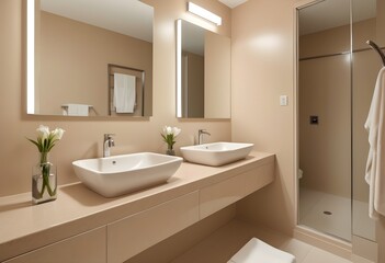 Fototapeta premium A stylish Beige hotel modern bathroom interior with sink and mirror, vase on countertop