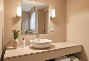 Fototapeta na wymiar A stylish Beige hotel modern bathroom interior with sink and mirror, vase on countertop