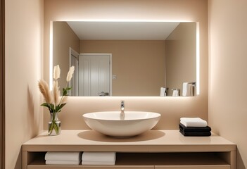 Fototapeta premium A stylish Beige hotel modern bathroom interior with sink and mirror, vase on countertop