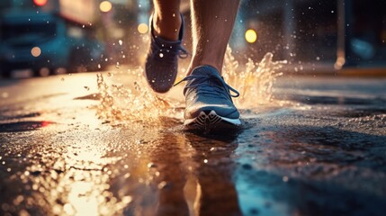 Young people in sportswear are running in the splashing water road.