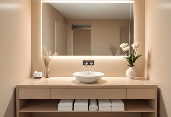 Fototapeta premium A stylish Beige hotel modern bathroom interior with sink and mirror, vase on countertop