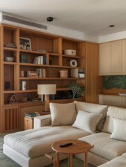 bright room with a sofa and a wooden beige wardrobe and light from the window interior design