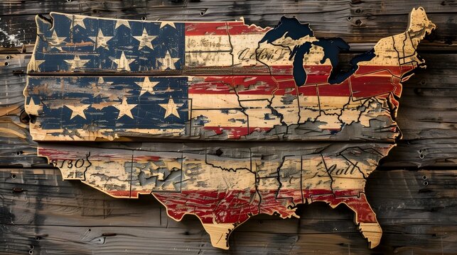 Distressed Vintage American Flag on Rustic Wooden Background