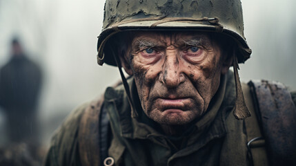 Old world war solder in the war, sad mood on face, closeup 
