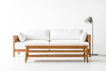 Teak Outdoor Sofa with Sunbrella Cushions on White Background