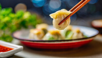 dumpling grasped by chopsticks, highlighting texture and craftsmanship. Background blurred to emphasize subject. Perfect for themes of cuisine, culture, and culinary artistry