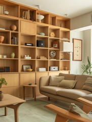 Fototapeta premium bright room with a sofa and a wooden beige wardrobe and light from the window interior design