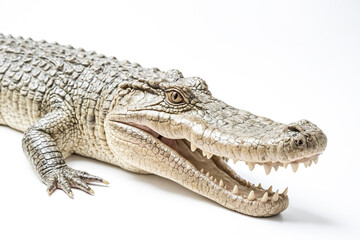 Fototapeta premium Close-Up of Open Crocodile Mouth with Sharp Teeth on White Background
