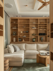 bright room with a sofa and a wooden beige wardrobe and light from the window interior design