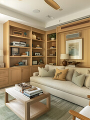 Fototapeta premium bright room with a sofa and a wooden beige wardrobe and light from the window interior design