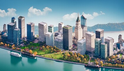A small busy town  surrounded by tall buildings map isometric 3D render of a bustling city skyline featuring skyscrapers, green parks, and busy streets, background Full of green trees