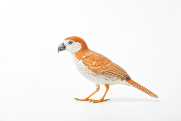 Orange and white cockatiel parrot with a black beak on a white background