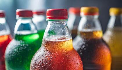 plastic soda bottle's top, showcasing detailed texture, with several blurred soda bottles in the background, emphasizing the contrast between sharp focus and soft blur in a vibrant scene
