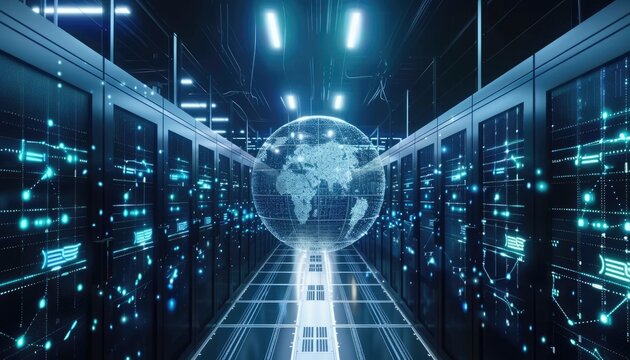 Global models in machine learning copy space, predictions, dynamic, Manipulation, data center backdrop