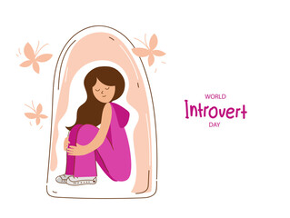 World Introvert Day. An image of an introverted person sitting under a glass hood. A conceptual banner.  Hand drawn vector illustration