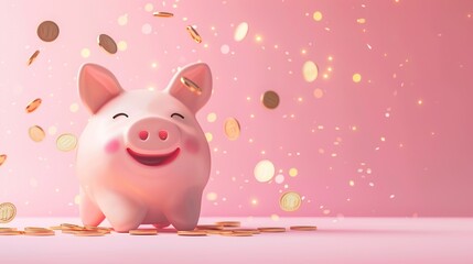 Happy piggy bank on table with falling gold coins. Saving, investment, profit and financial growth concept.