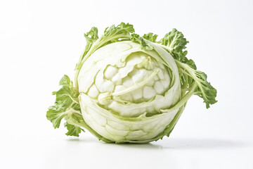 Fototapeta premium Head of Cauliflower with Green Leaves on White Background