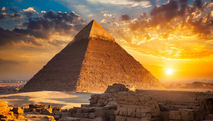 Egyptian pyramid under a clear blue sky, symbolizing the grandeur and mystery of ancient civilizations. The pyramid's geometric precision and massive scale highlight its architectural marve