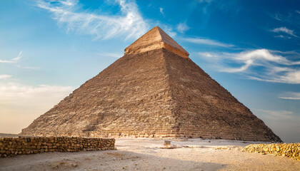 Egyptian pyramid under a clear blue sky, symbolizing the grandeur and mystery of ancient civilizations. The pyramid's geometric precision and massive scale highlight its architectural marve