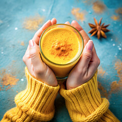 Hands holding glass of organic curcumin honey golden milk, Indian turmeric latte on blue background. Top view spices yellow chai natural drink healthy food concept. AI generated