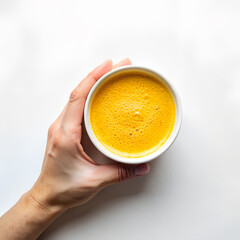 Hand holding cup of organic curcumin honey golden milk, Indian turmeric latte on white background. Top view spices yellow chai natural drink healthy food concept. AI generated