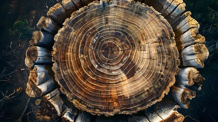 Intricate Cross-Section of Aged Tree Trunk Revealing Concentric Growth Rings and Detailed Bark