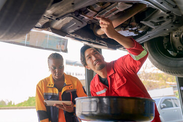 Asian technician man try to open a stopper engine oil for change engine oil in car garage service...