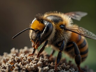 Bee close-up, clear, natural light. Clarity: 8k
