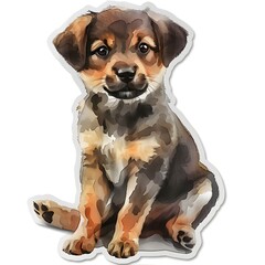 Isometric 3D render of a watercolor-style sticker of a puppy, showcasing a curious expression and gentle color blends, isolated on a white background