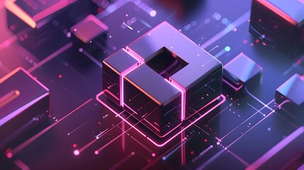 Isometric 3D render of a futuristic logo with sleek, metallic lines and geometric shapes, set against a high-tech, gradient background