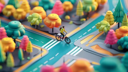 Isometric 3D render of a person wearing wireless earbuds while cycling, set in a vibrant city park with trees and a bike path in the background