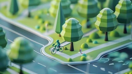 Isometric 3D render of a person wearing wireless earbuds while cycling, set in a vibrant city park with trees and a bike path in the background