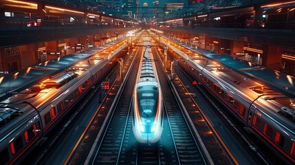 Fototapeta na wymiar A futuristic train station with highspeed magnetic levitation trains