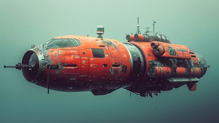 A hightech marine research submarine exploring ocean depths, side view, focusing on marine science advancements, with a robotic tone in Analogous Color Scheme