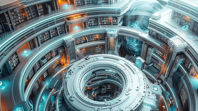 A futuristic library where holographic books and AI assistants provide interactive learning experiences