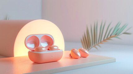 Isometric 3D render of a pair of wireless earbuds in an open charging case, displayed on a minimalist platform with subtle lighting and a clean, white background