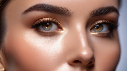 Fototapeta premium Poreless woman applying mattifying face primer oil absorbing particles airbrushed finish translucent hues Cinematic portrait