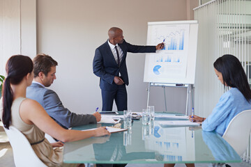 Obraz premium Business, people and statistics presentation for discussion, company and financial progress and budget review. Meeting, collaboration and analyst with report document, sale or revenue projections